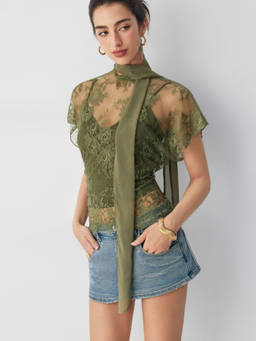 Cider - Lace Floral Women's Scarf Neck Tie-Back Top Olive