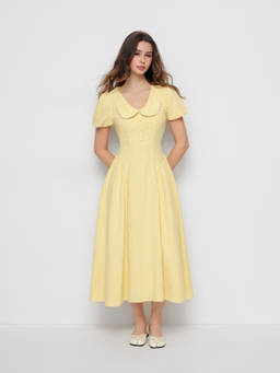 Cider - Gingham Women's Peter Pan Collar Puff Sleeve Maxi Dress Yellow