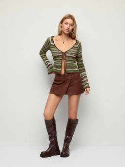 Cider - Striped Knit Women Tie-Front V-Neck Bell Sleeve Cardigan Olive