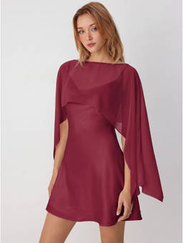 Cider - Sheer Cape Women's Boat Neck Satin Mini Dress Co-ord Set Wine