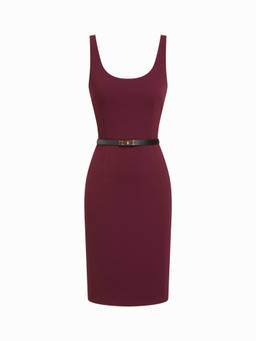 Cider - Textured Women's Scoop Neck Belted Bodycon Midi Dress Burgundy