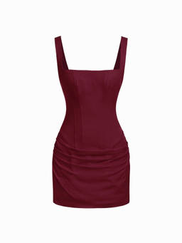 Cider - Square Neck Women's Lace-Up Ruched Bodycon Mini Dress Wine