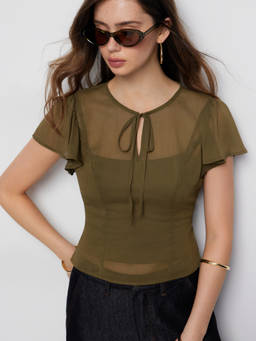 Cider - Chiffon Women's Tie-Neck Ruffle Sleeve Blouse Olive
