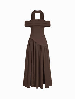 Cider - Chiffon Women's Off-Shoulder Lace-Up Draped Maxi Dress Brown