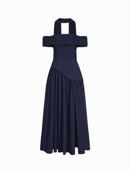 Cider - Scarf Neck Women's Off-Shoulder Lace-Up Draped Maxi Dress Navy Blue