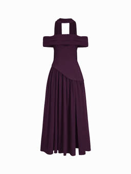 Cider - Off-Shoulder Women's Lace-Up Draped Split Maxi Dress Purple