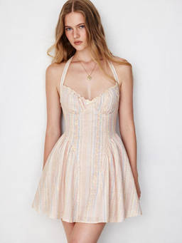 Cider - Jacquard Floral Women's Halter Sweetheart Mini Dress Pink