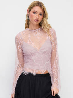 Cider - Lace Scalloped Hem Women's Bell Sleeve V-Neck Top Pink