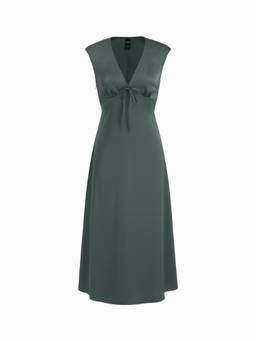 Cider - Satin Women's V-Neck Twist Knot A-Line Maxi Dress Olive