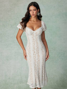 Cider - Lace Jacquard Women Sweetheart Puff Sleeve Mermaid Maxi Dress White