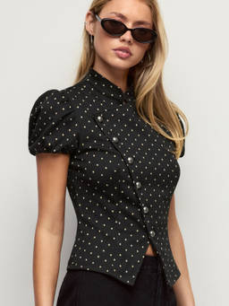 Cider - Polka Dot Women Stand Collar Puff Sleeve Asymmetrical Blouse Black