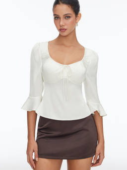 Cider - Satin Women's Ruffle Sleeve Scoop Neck Blouse Off White