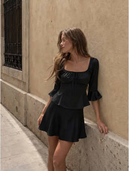 Cider - Satin Women's Ruffle Sleeve Scoop Neck Drawstring Blouse Black