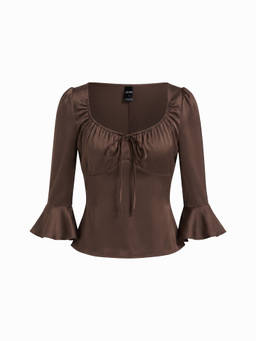 Cider - Satin Women's Scoop Neck Ruffle Sleeve Drawstring Blouse Brown