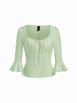 Cider - Satin Women's Scoop Neck Ruffle Sleeve Drawstring Blouse Green