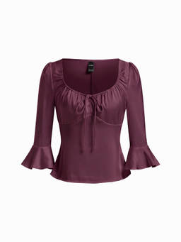 Cider - Satin Scoop Neck Women's Ruffled Drawstring Blouse Purple