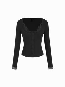 Cider - Ribbed Women's Lace Trim Scoop Neck Long Sleeve Top Black