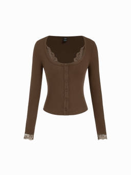Cider - Ribbed Women's Lace Trim Scoop Neck Long Sleeve Top Brown