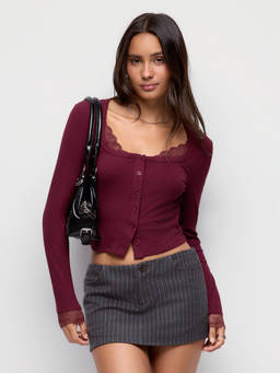 Cider - Ribbed Women's Lace Trim Scoop Neck Long Sleeve Top Purple