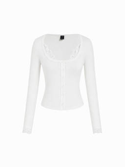 Cider - Ribbed Women's Lace Trim Scoop Neck Long Sleeve Top White