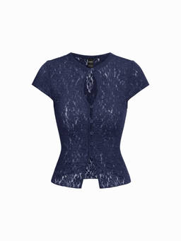 Cider - Textured Women’s Button-Through Cut-Out Top Navy Blue