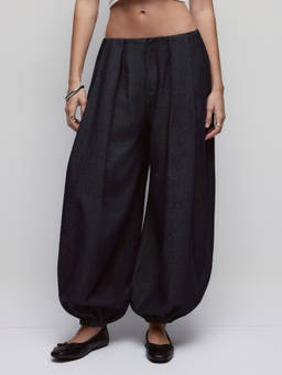 Cider - Washed Women's Pleated Drawstring Balloon Palazzo Pants Navy Blue