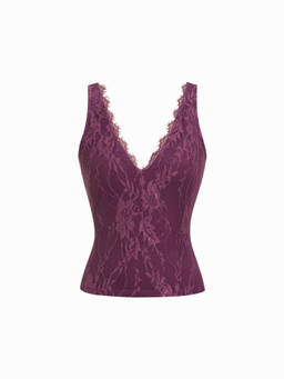 Cider - Lace Women's Eyelash Trim V-Neck Tank Top Purple
