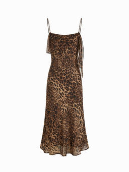 Cider - Chiffon Women's Leopard Print Asymmetrical Neck Midi Dress Brown