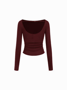 Cider - Wool-blend Women Ruched Backless Boat Neck Tee Burgundy