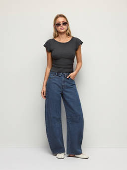 Cider - Women's Low Rise Metal Detail Barrel-Leg Jeans Indigo