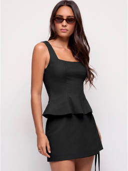Cider - Linen-Blend Women's Square Neck Peplum Skirt Set Black