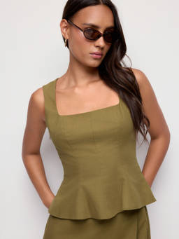 Cider - Linen-Blend Women’s Square Neck Peplum Skirt Set Olive