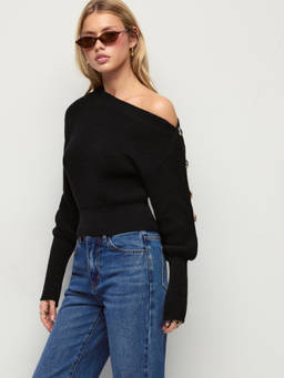 Cider - Knit Cotton-Blend Women's Asymmetrical Neck Lantern Sleeve Sweater Black