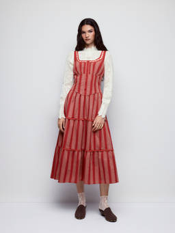 Cider - Aztec Stripe Women's Scoop Neck Lace Trim Flared Maxi Dress Red