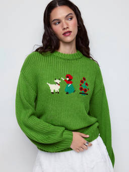 Cider - Knit Crochet Women's Oversized Graphic Pullover Sweater Green