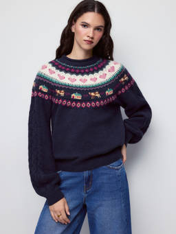Cider - Cable Knit Women's Oversized Graphic Jacquard Sweater Navy Blue