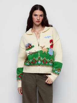 Cider - Landscape Graphic Women Oversized Zip-Through Cardigan Cream