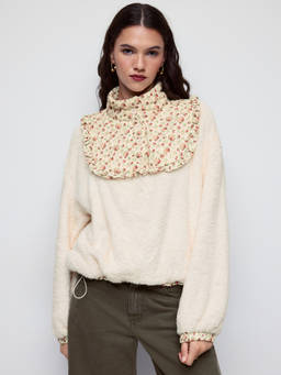 Cider - Fleece Floral Women's Oversized Stand Collar Drawstring Sweatshirt Cream