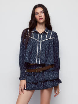 Cider - Ditsy Floral Women's Lace Trim Peter Pan Collar Oversized Blouse Navy Blue