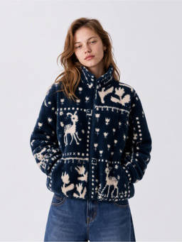 Cider - Deer Jacquard Women's Zip-Up Stand Collar Fleece Jacket Navy Blue