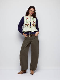 Cider - Cow & Floral Applique Women's Tie-Up Scalloped Hem Vest Cream