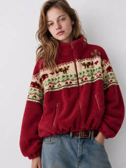 Cider - Deer Heart Floral Women's Fleece Zip Stand Collar Jacket Red