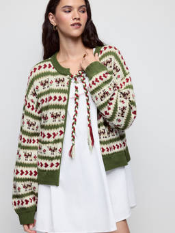 Cider - Knit Cotton Blend Women's Oversized Lace-Up Graphic Cardigan Green