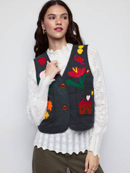 Cider - Floral Applique Women Quilted V-Neck Waist Coat Navy Blue