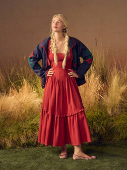 Cider - Linen-Blend Women’s Square Neck Ruffled Lace-Up Maxi Dress Red