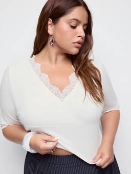 Cider - Curve & Plus Women’s Lace Trim V-Neck Half Sleeve Top White