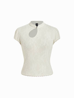 Cider - In Memories Women’s Lace Keyhole Neck Regular Top White