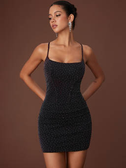 Cider - Mesh Textured Women's Ruched Square Neck Bodycon Mini Dress Black