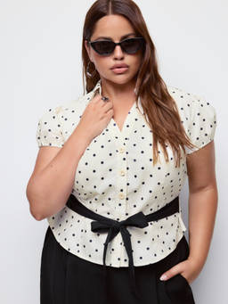 Cider - Polka Dot Women's Puff Sleeve Belted Blouse Cream