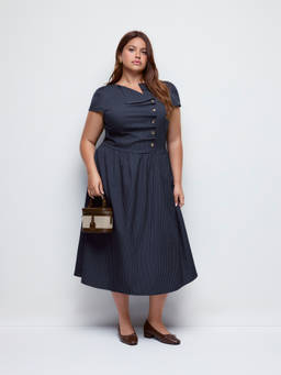 Cider - Pinstripe Women's Asymmetrical Neck Tie-Back Midi Flared Dress Navy Blue
